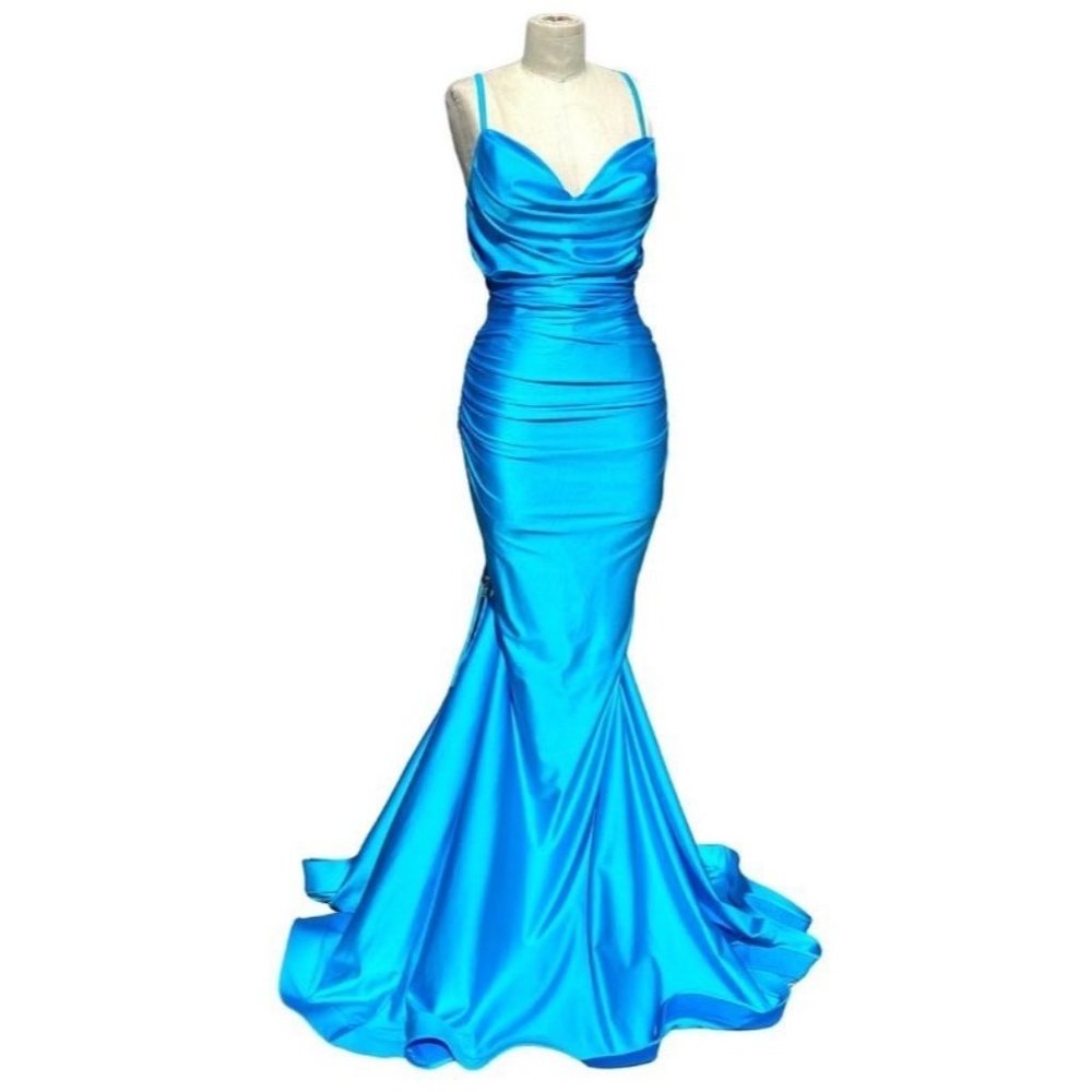 Jessica Angel Lace Up Ruched Back Cowl Neck Gown Turquoise Blue Size Small NWT